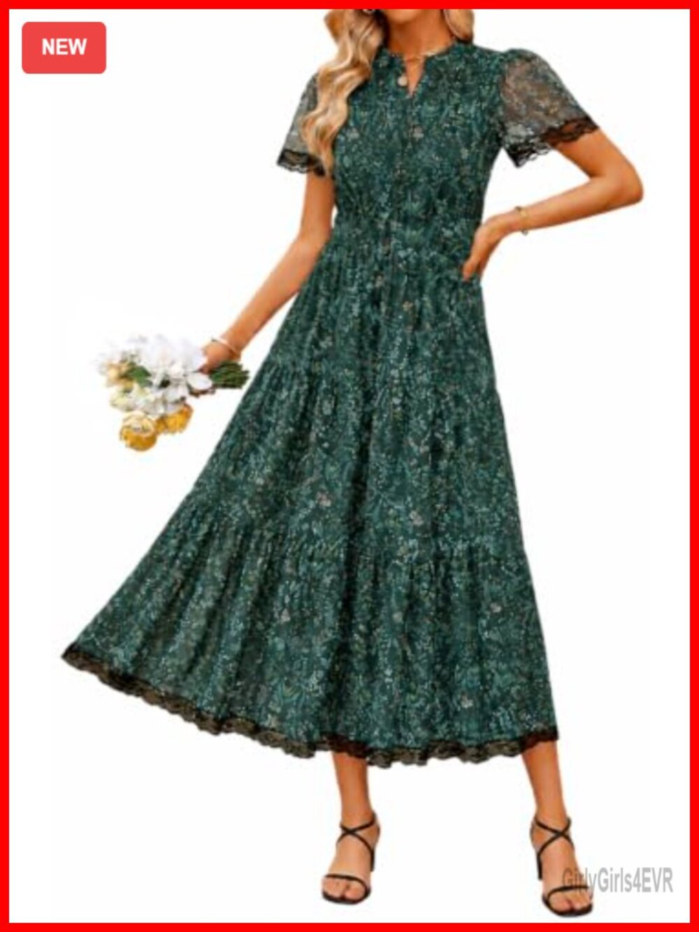 Floral Chiffon Midi Dress Lace V-Neck A-Line Wedding Guest